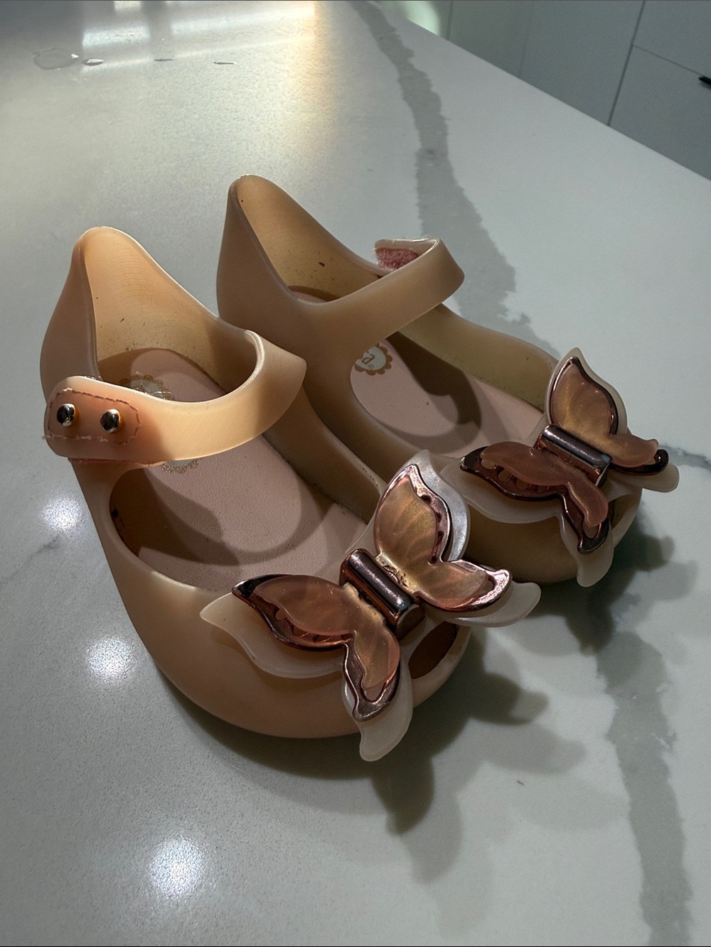 Mini Melissa Girls' Peach Mary Jane Sandals with Butterfly Accent